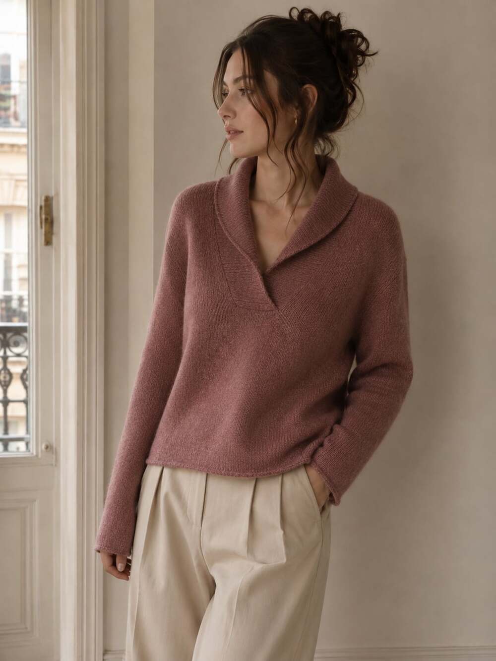 Eileen Fisher Italian Yarn Shawl Collar Sweater XS Pink Heather Knit Cozy